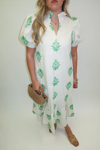 Soft Focus Embroidered Puff Sleeve Ruffle Midi Dress - The Pink Tulip Clothing