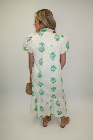 Soft Focus Embroidered Puff Sleeve Ruffle Midi Dress - The Pink Tulip Clothing