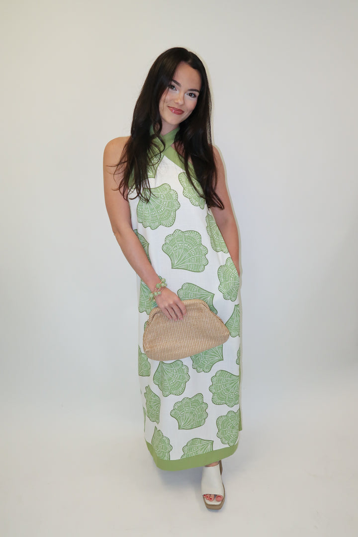 Ocean View Halter Shell Print Midi Dress - The Pink Tulip Clothing