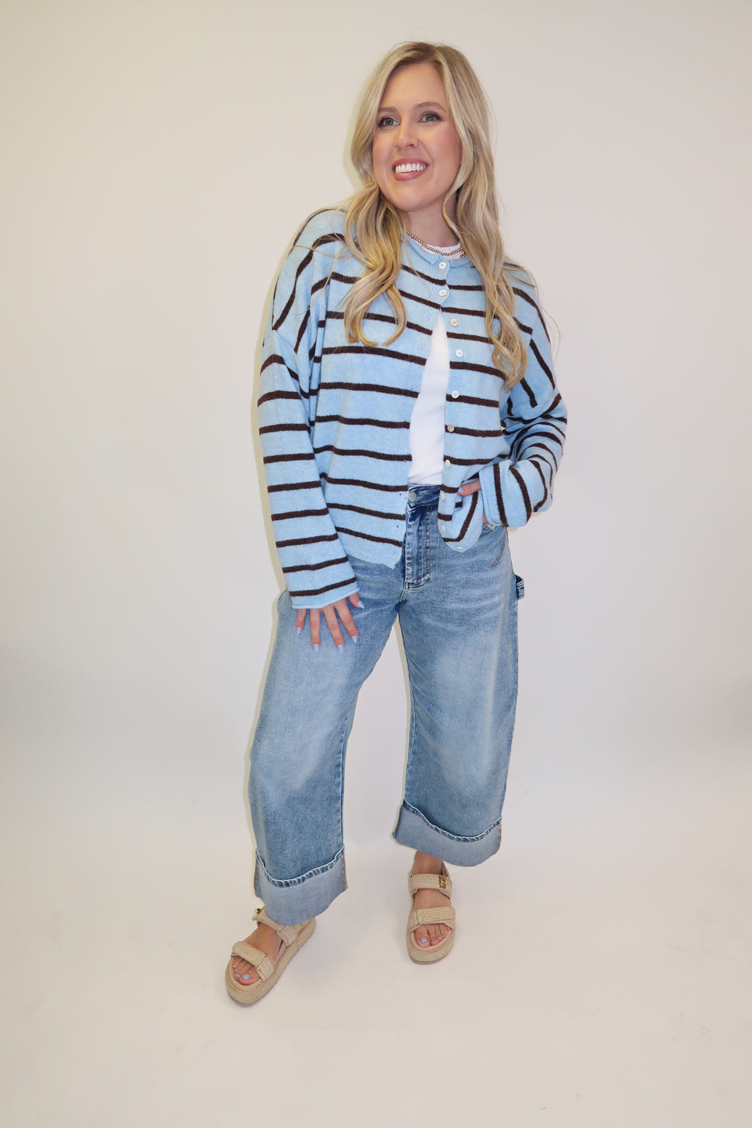 In Between Blue Brown Stripe Cardigan - The Pink Tulip Clothing