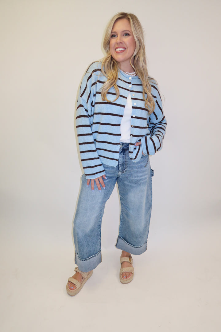 In Between Blue Brown Stripe Cardigan - The Pink Tulip Clothing