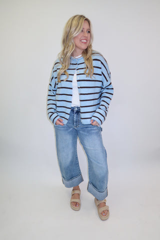 In Between Blue Brown Stripe Cardigan - The Pink Tulip Clothing