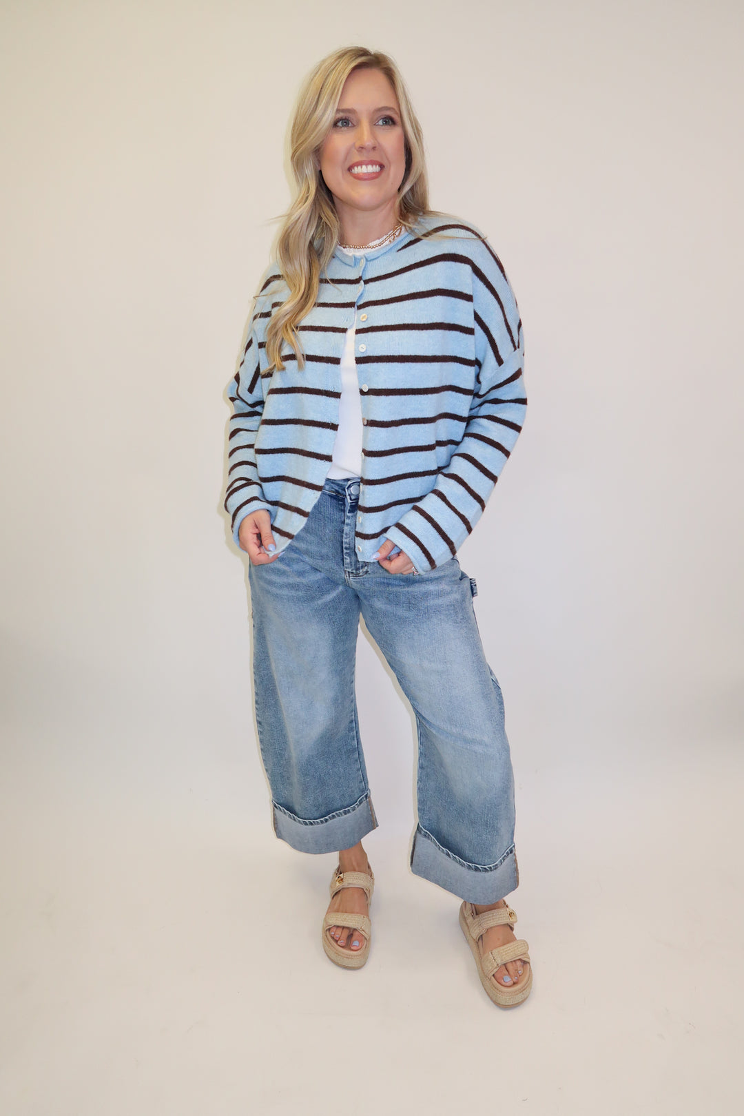 In Between Blue Brown Stripe Cardigan - The Pink Tulip Clothing