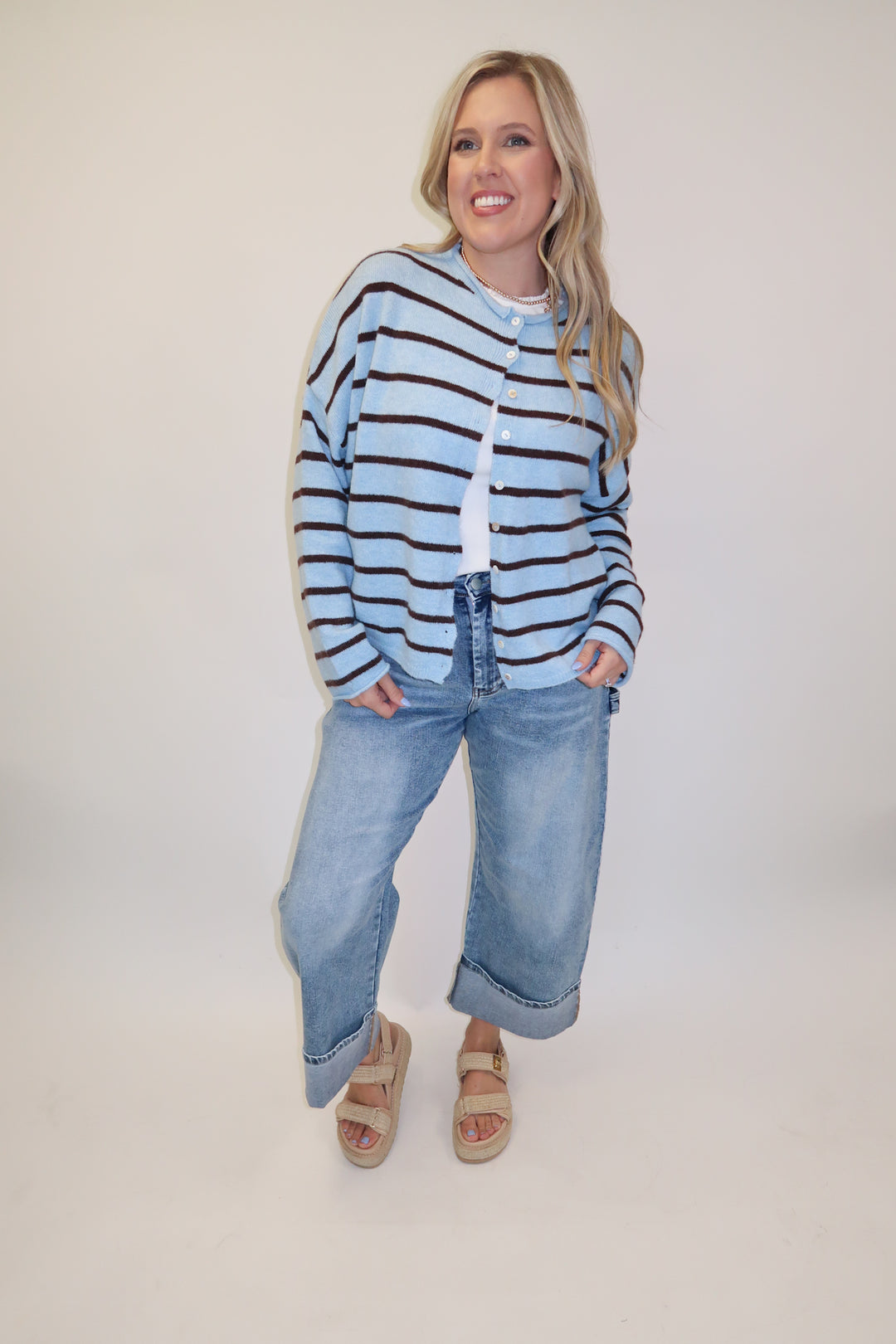 In Between Blue Brown Stripe Cardigan - The Pink Tulip Clothing