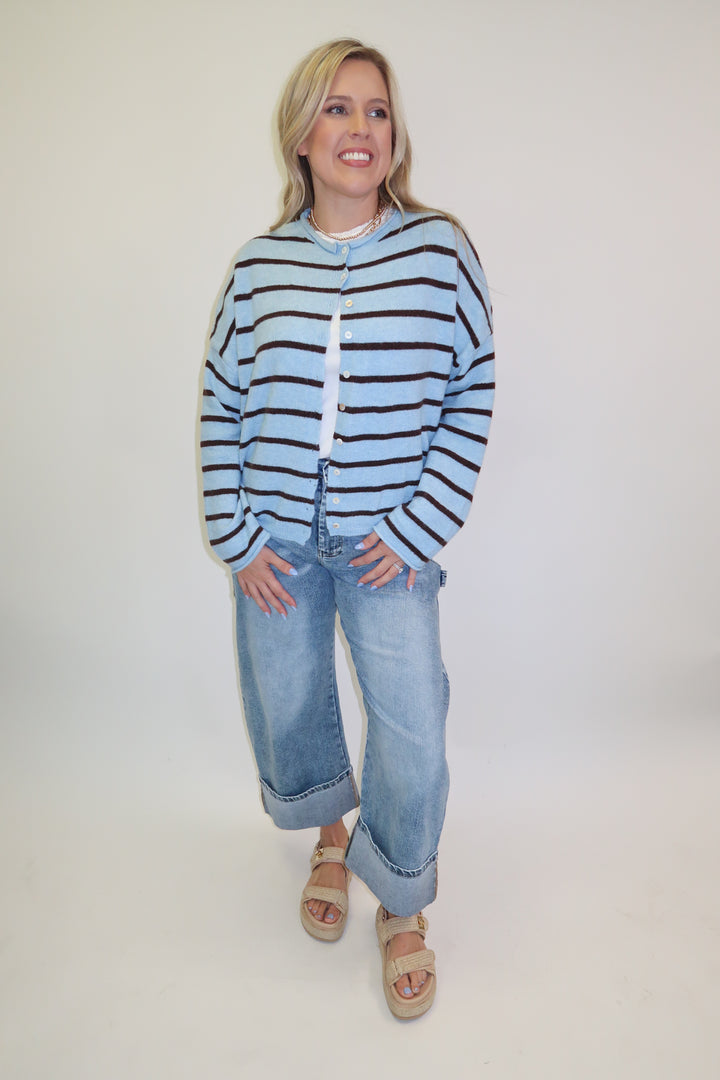 In Between Blue Brown Stripe Cardigan - The Pink Tulip Clothing