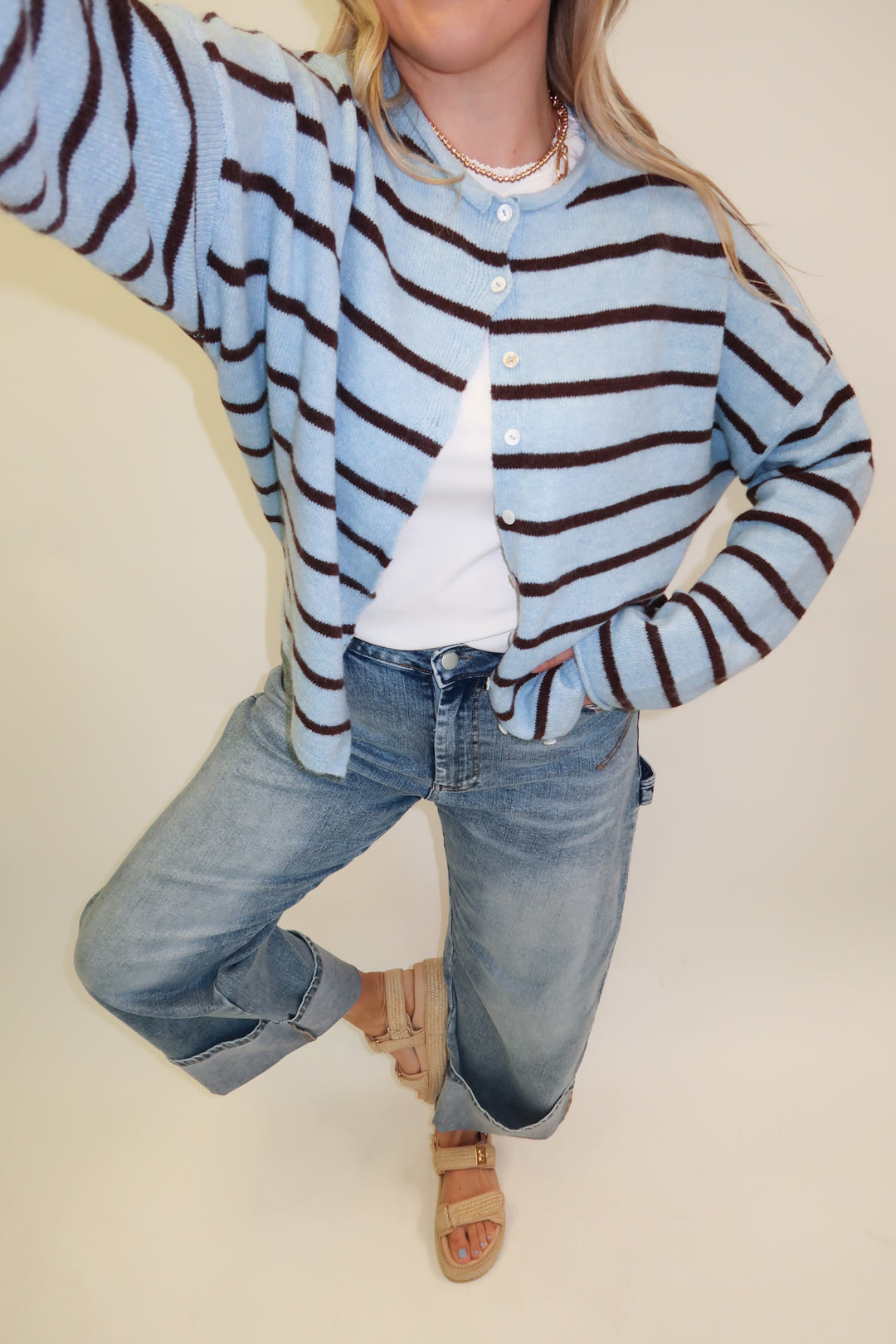 In Between Blue Brown Stripe Cardigan - The Pink Tulip Clothing