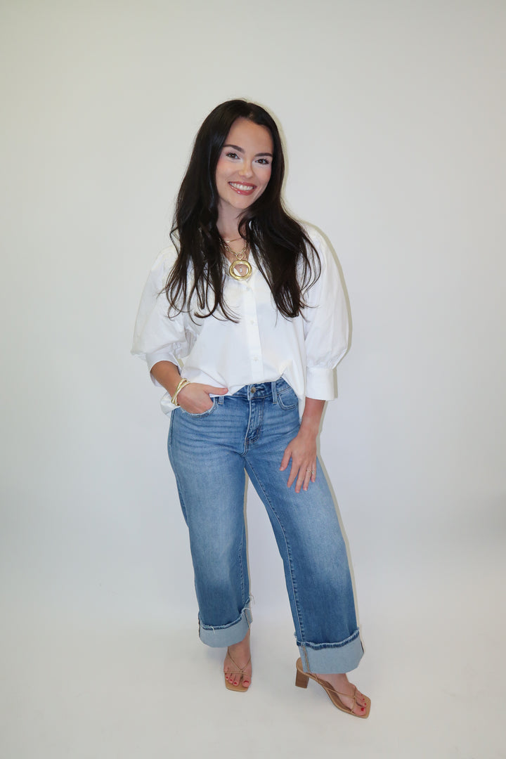 Buttoned Up White Collared 3/4 Sleeve Blouse - The Pink Tulip Clothing