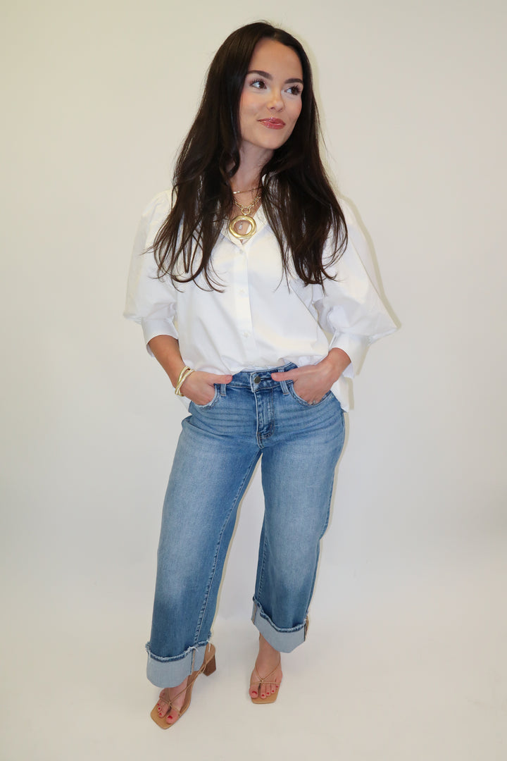 Buttoned Up White Collared 3/4 Sleeve Blouse - The Pink Tulip Clothing
