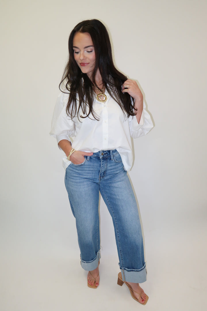Buttoned Up White Collared 3/4 Sleeve Blouse - The Pink Tulip Clothing