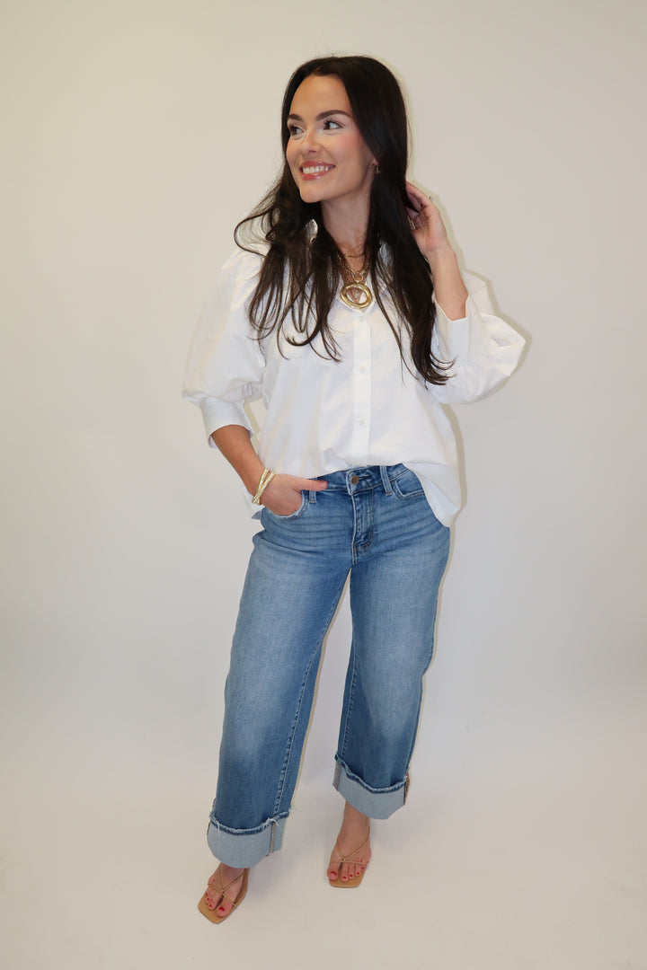 Buttoned Up White Collared 3/4 Sleeve Blouse - The Pink Tulip Clothing