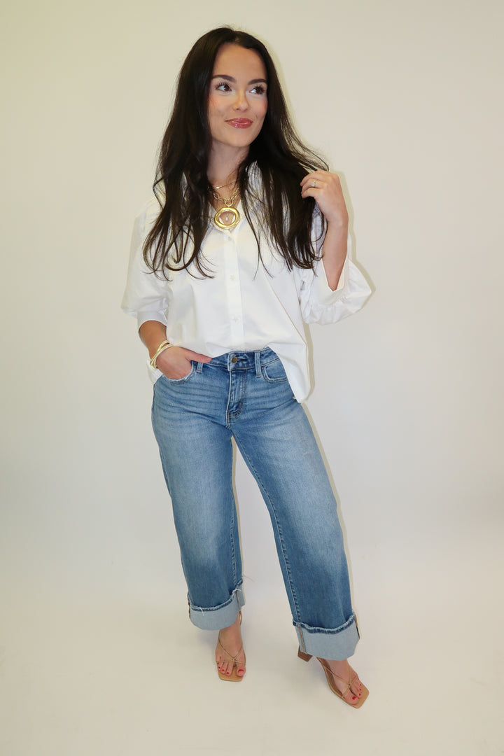 Buttoned Up White Collared 3/4 Sleeve Blouse - The Pink Tulip Clothing