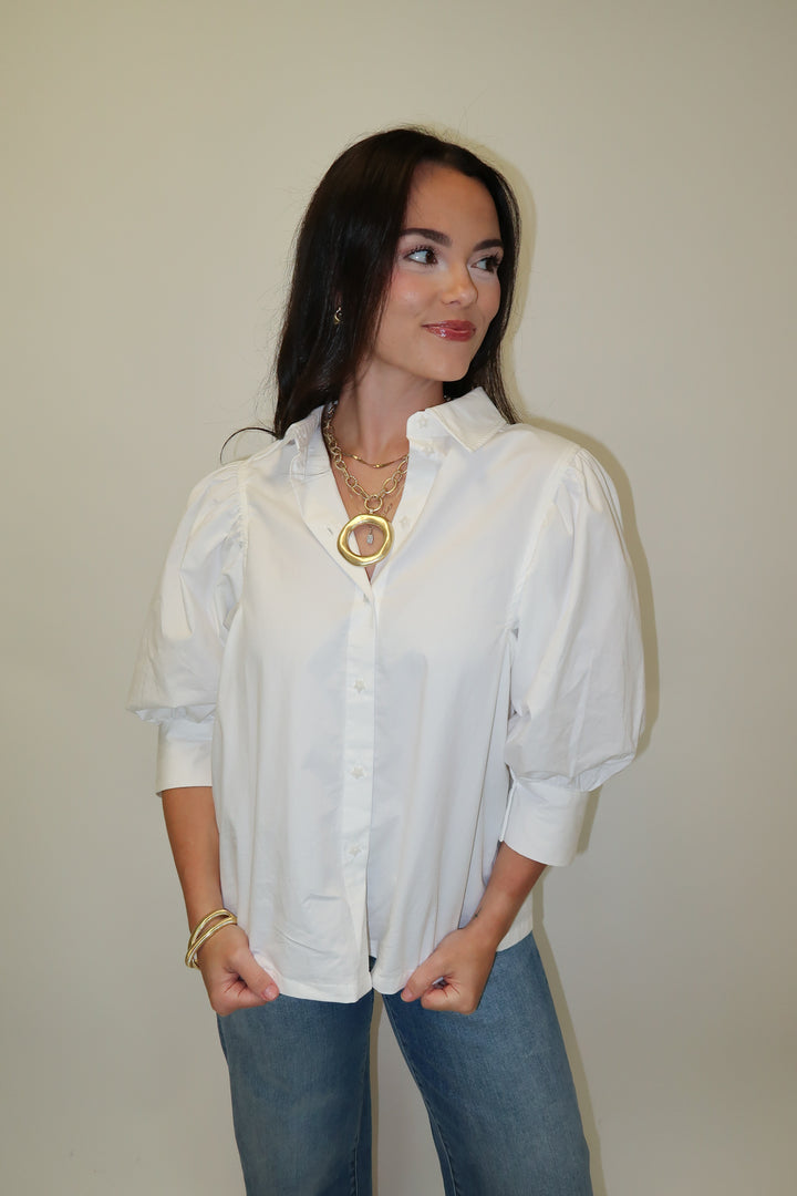Buttoned Up White Collared 3/4 Sleeve Blouse - The Pink Tulip Clothing