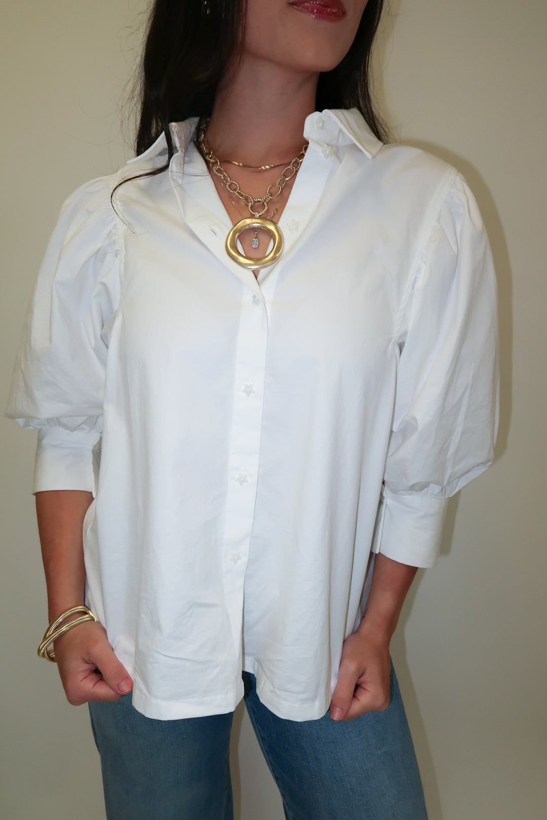 Buttoned Up White Collared 3/4 Sleeve Blouse - The Pink Tulip Clothing