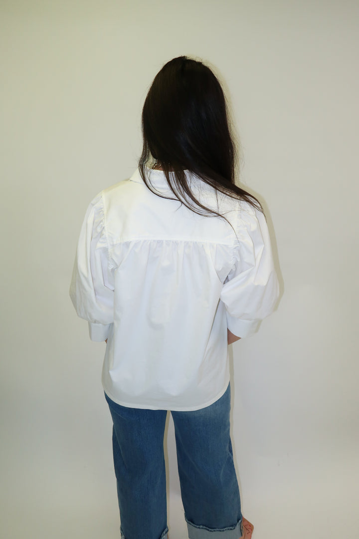 Buttoned Up White Collared 3/4 Sleeve Blouse - The Pink Tulip Clothing