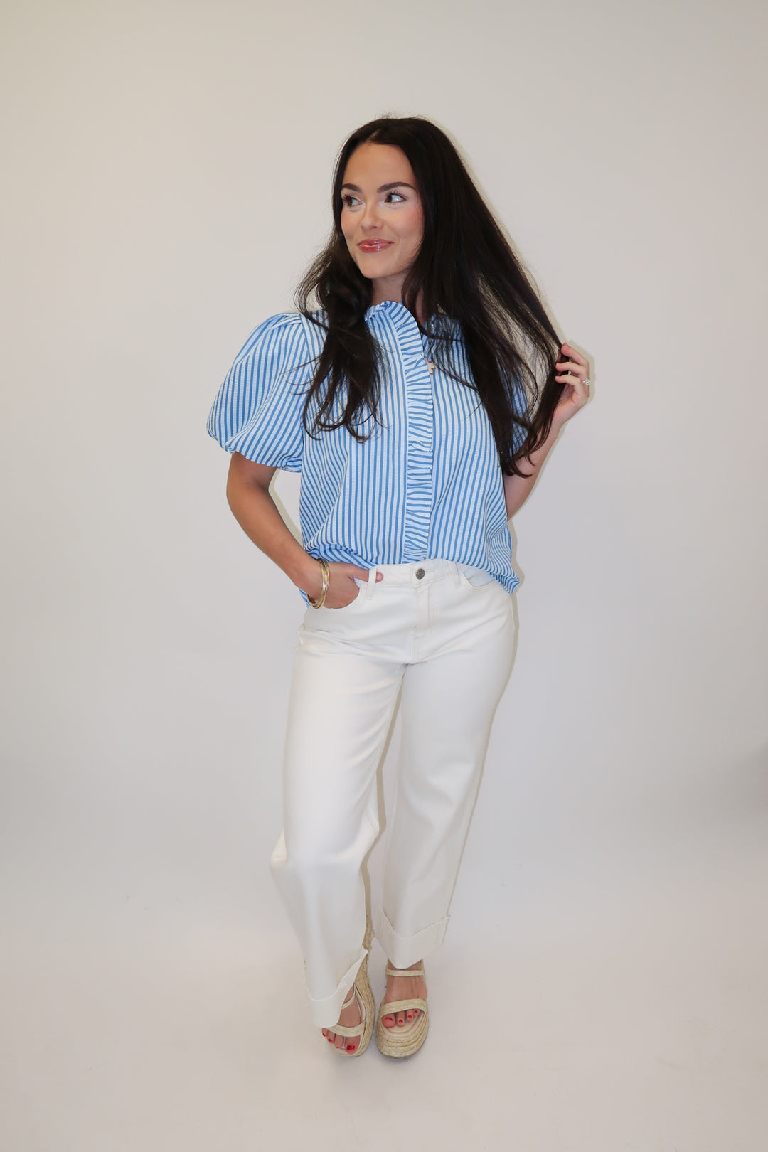 Made For Change Stripe Ruffle Front Top - The Pink Tulip Clothing