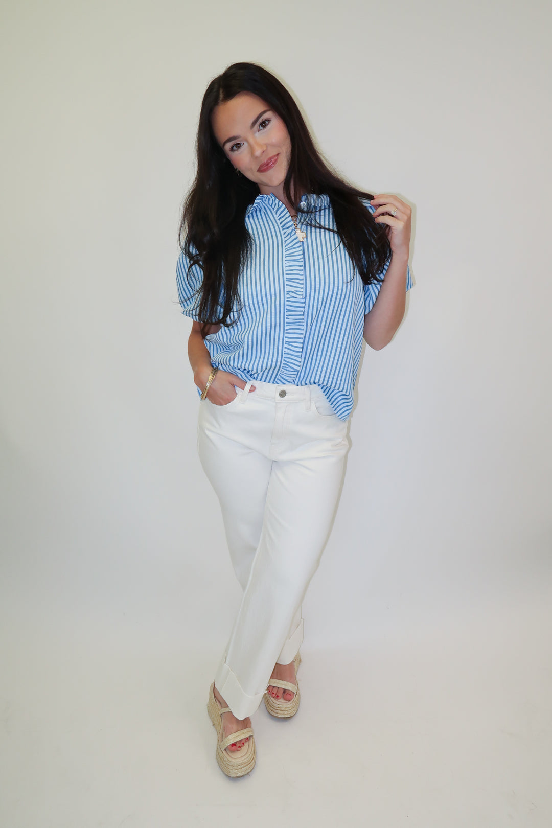 Made For Change Stripe Ruffle Front Top - The Pink Tulip Clothing