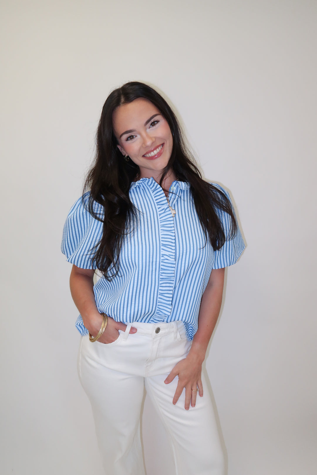 Made For Change Stripe Ruffle Front Top - The Pink Tulip Clothing