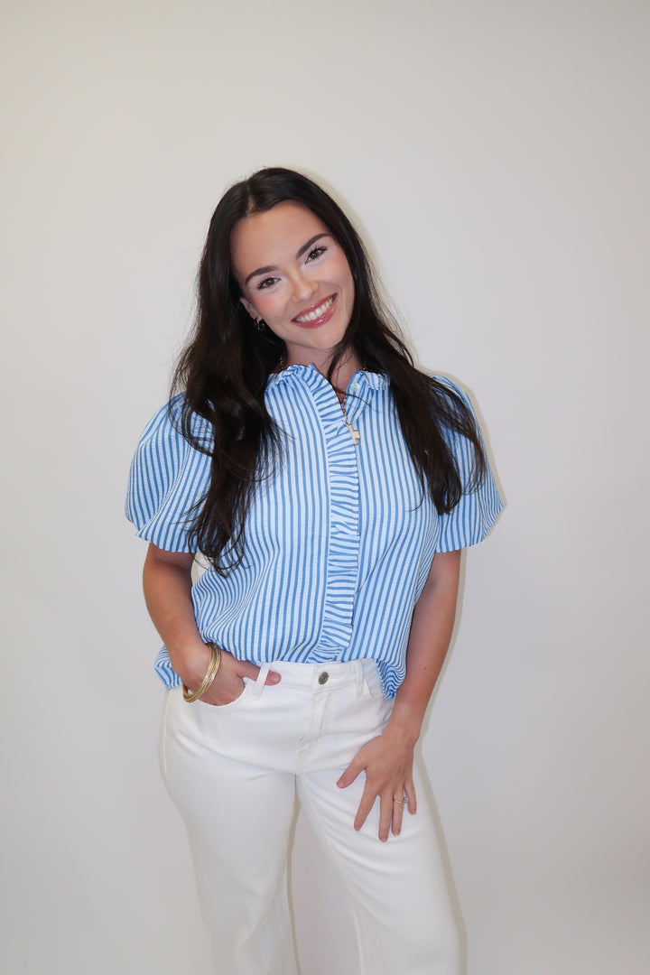 Made For Change Stripe Ruffle Front Top - The Pink Tulip Clothing