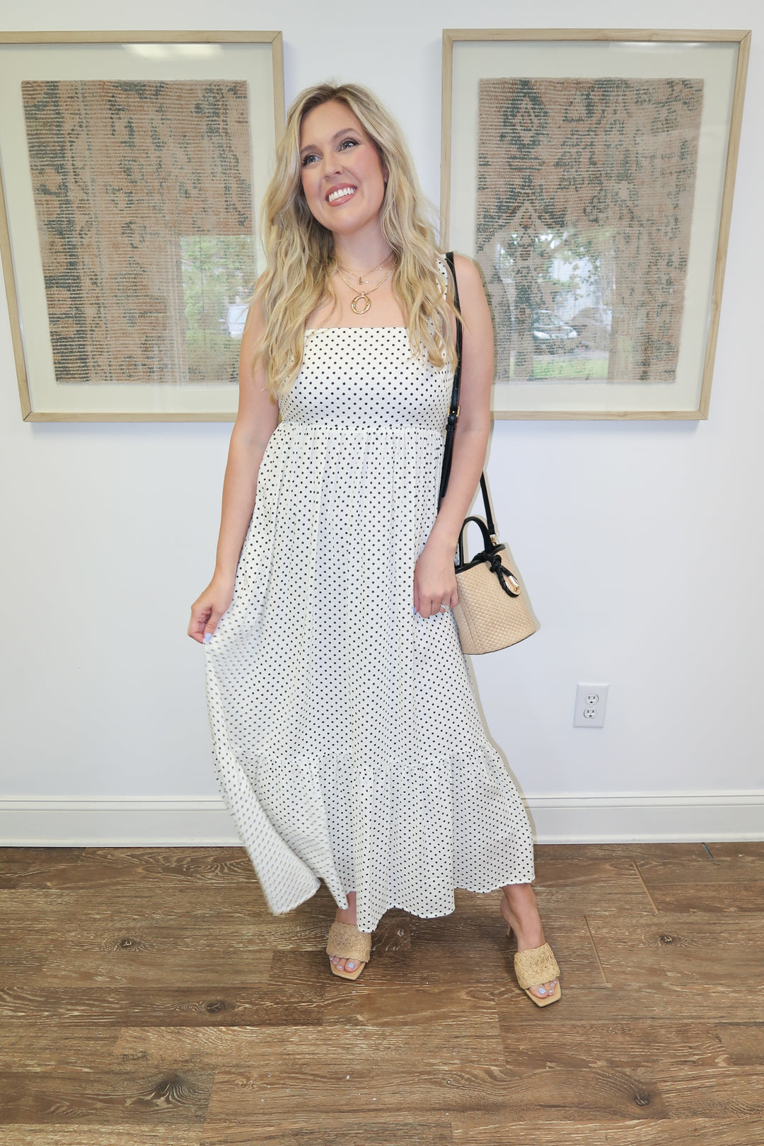 Well Spotted Polka Dot Empire Tie Back Midi Dress WHITE/BLK / Medium Well Spotted Polka Dot Empire Tie Back Midi Dress WHITE/BLK / Medium