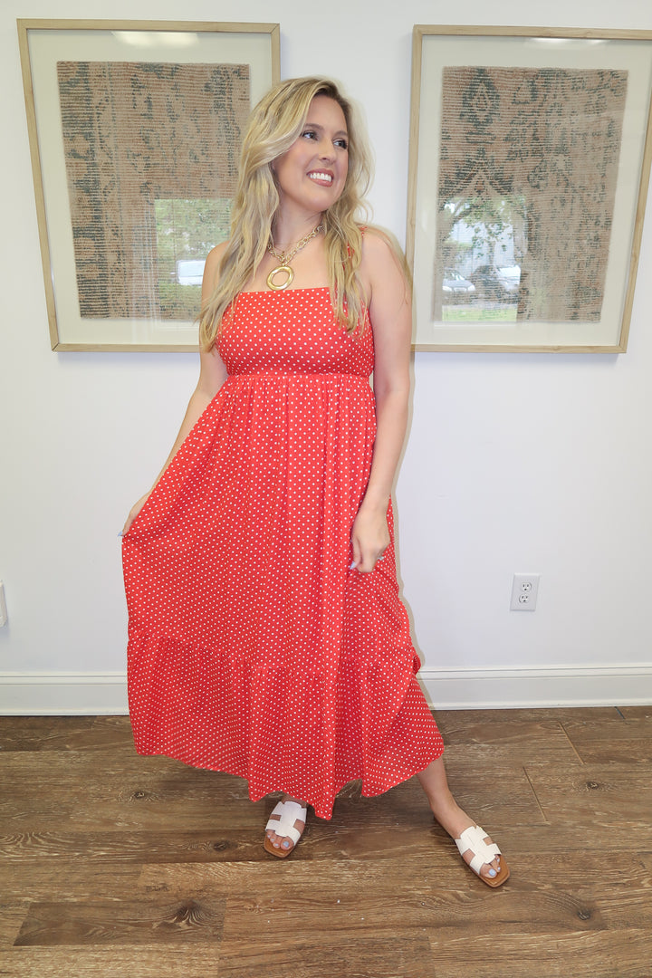 Well Spotted Polka Dot Empire Tie Back Midi Dress - The Pink Tulip Clothing