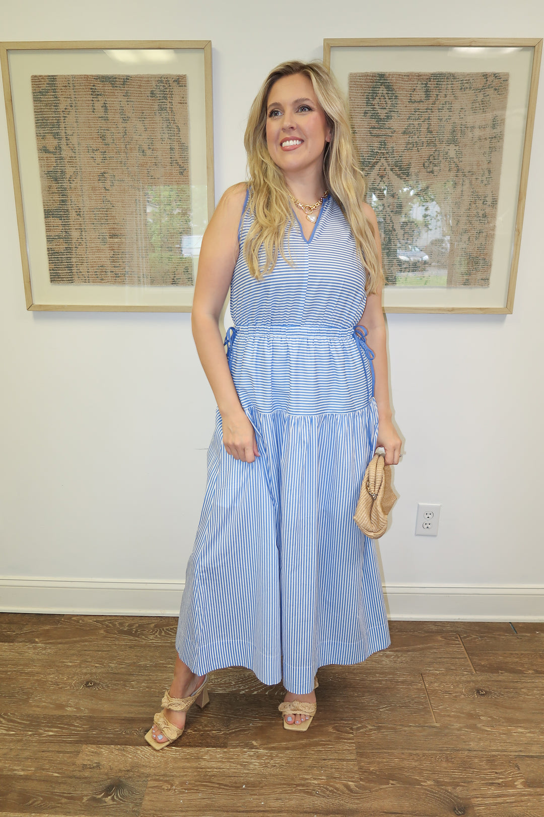 Line by Line Stripe Midi Dress with Piping - The Pink Tulip Clothing