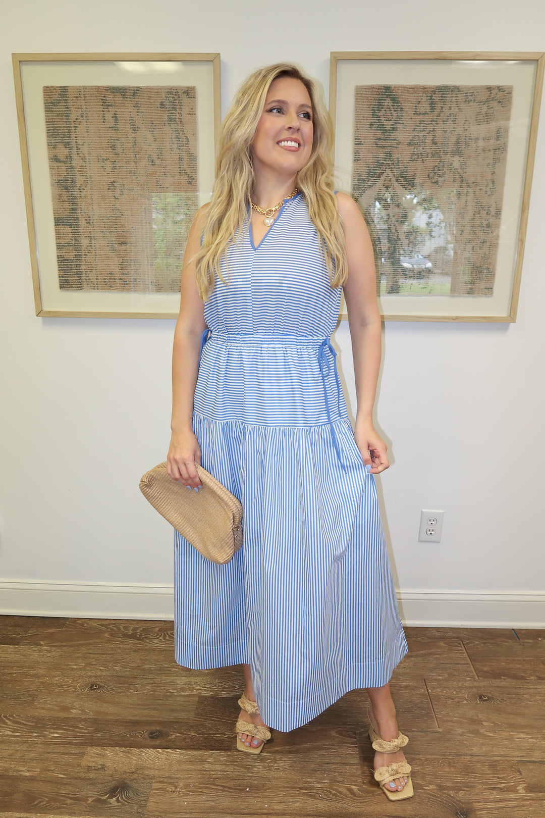 Line by Line Stripe Midi Dress with Piping - The Pink Tulip Clothing