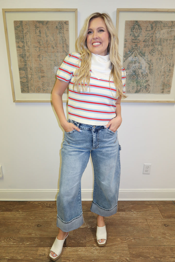 All Eyes Here Blue and Red Striped Sweater Top - The Pink Tulip Clothing