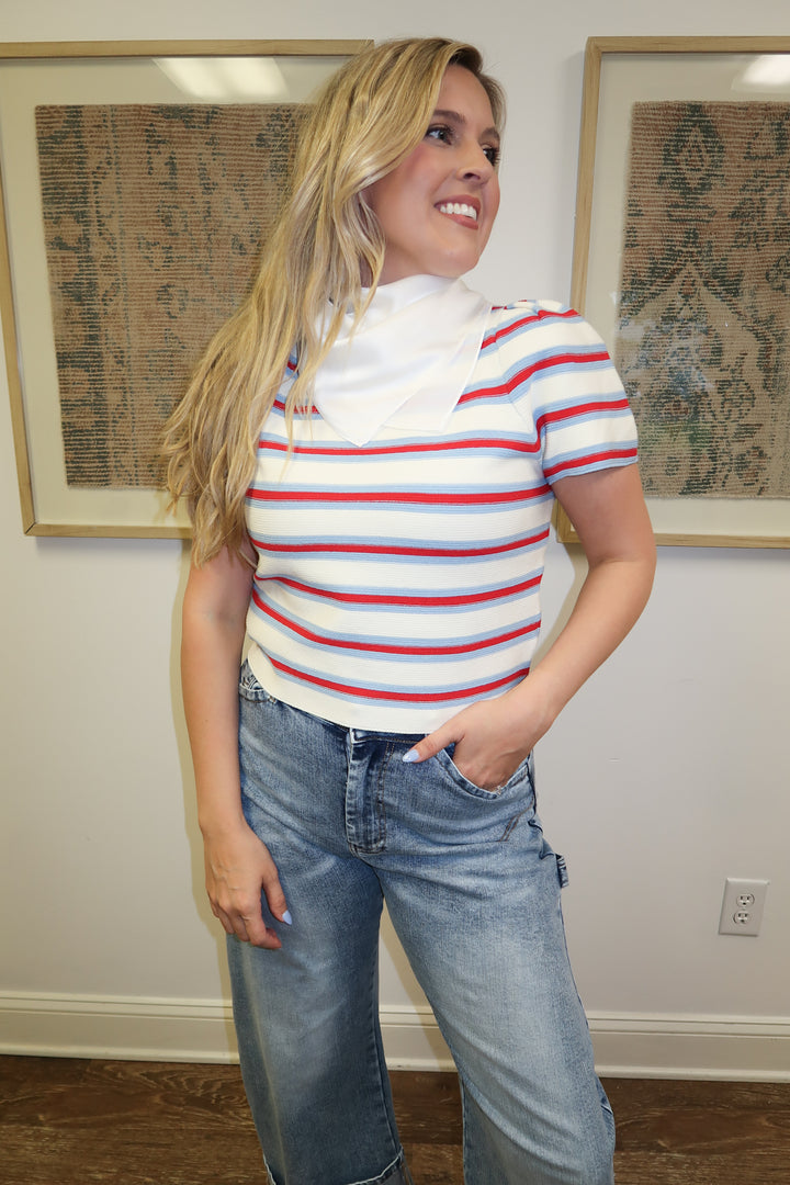 All Eyes Here Blue and Red Striped Sweater Top - The Pink Tulip Clothing