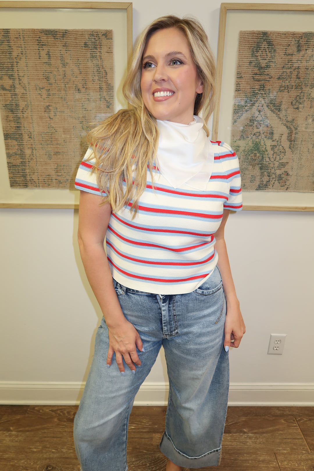 All Eyes Here Blue and Red Striped Sweater Top - The Pink Tulip Clothing