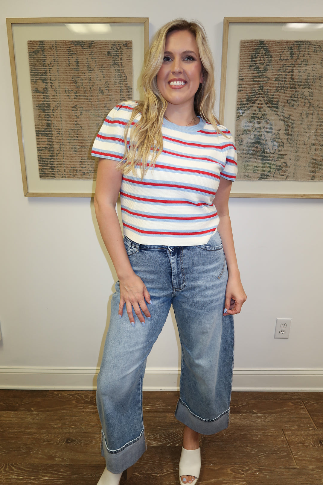 All Eyes Here Blue and Red Striped Sweater Top - The Pink Tulip Clothing