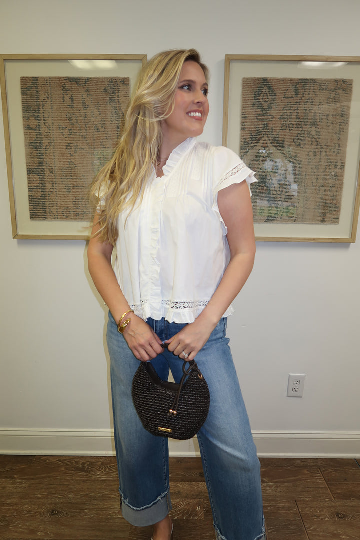After Hours Lace Trim Ruffle Neck Top - The Pink Tulip Clothing