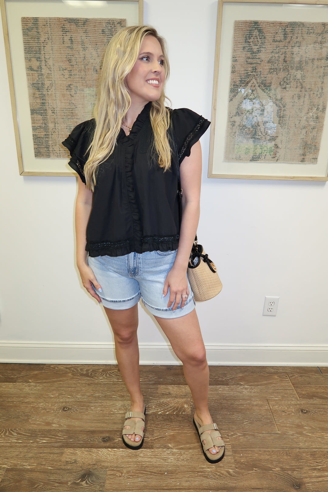 After Hours Lace Trim Ruffle Neck Top - The Pink Tulip Clothing