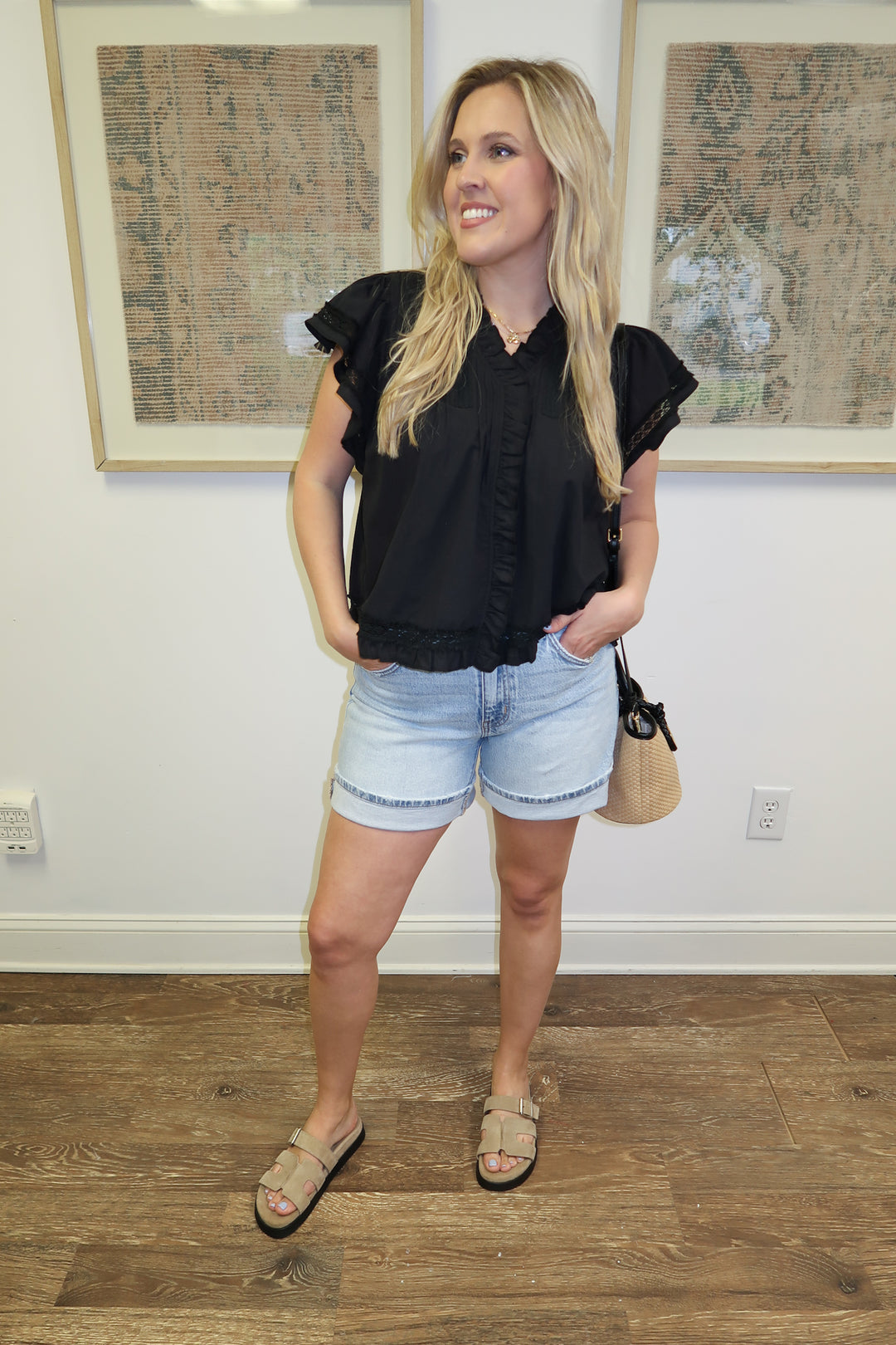 After Hours Lace Trim Ruffle Neck Top - The Pink Tulip Clothing