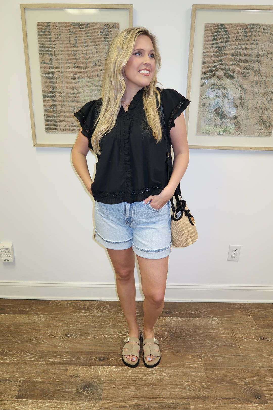 After Hours Lace Trim Ruffle Neck Top - The Pink Tulip Clothing