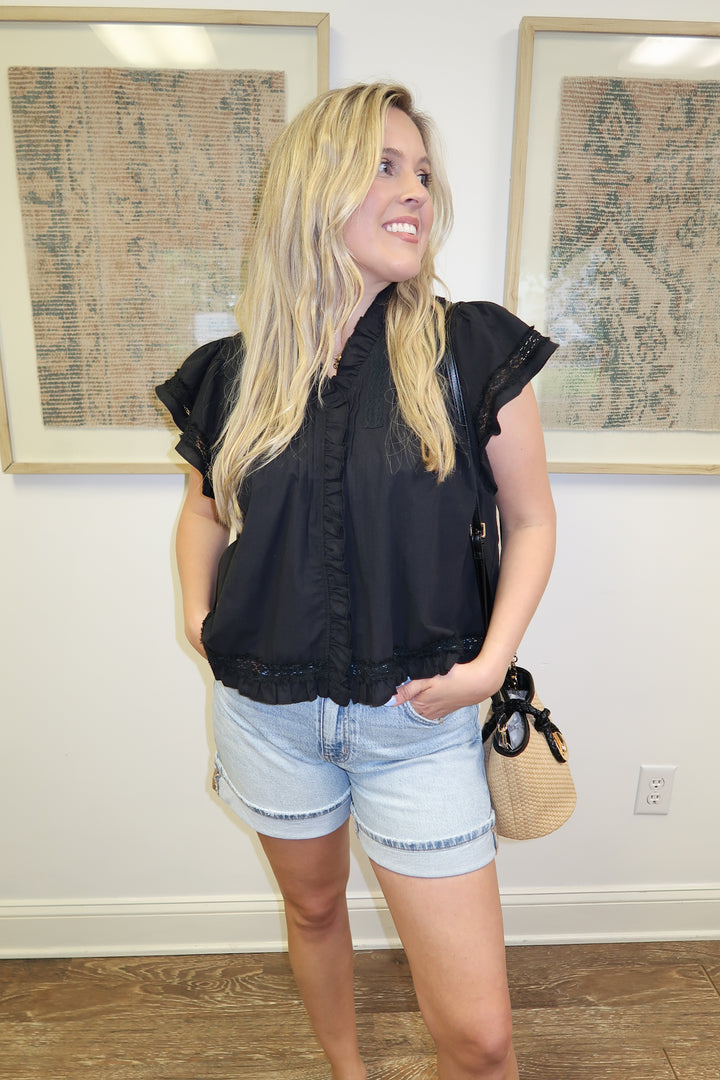 After Hours Lace Trim Ruffle Neck Top - The Pink Tulip Clothing