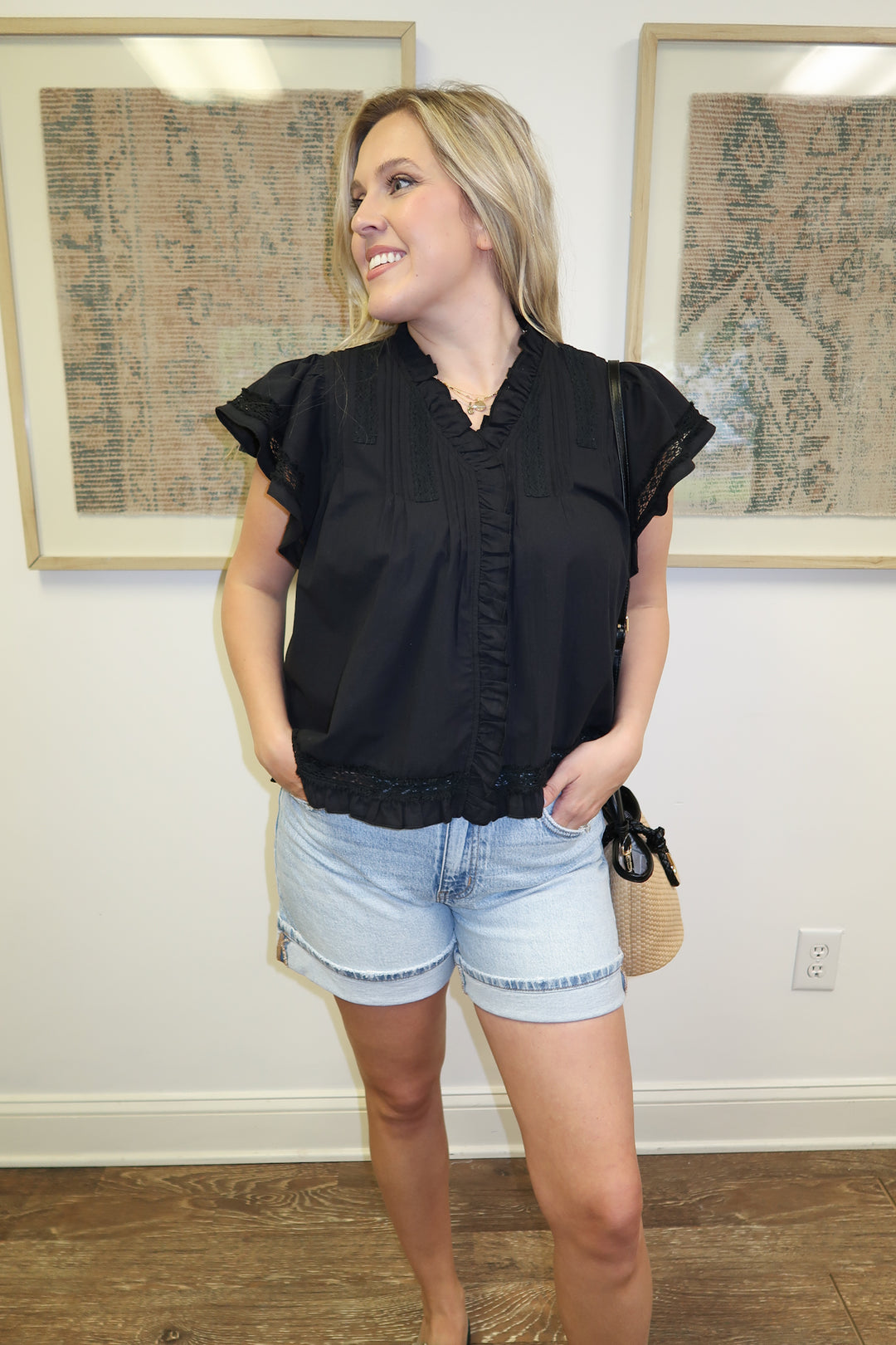 After Hours Lace Trim Ruffle Neck Top - The Pink Tulip Clothing