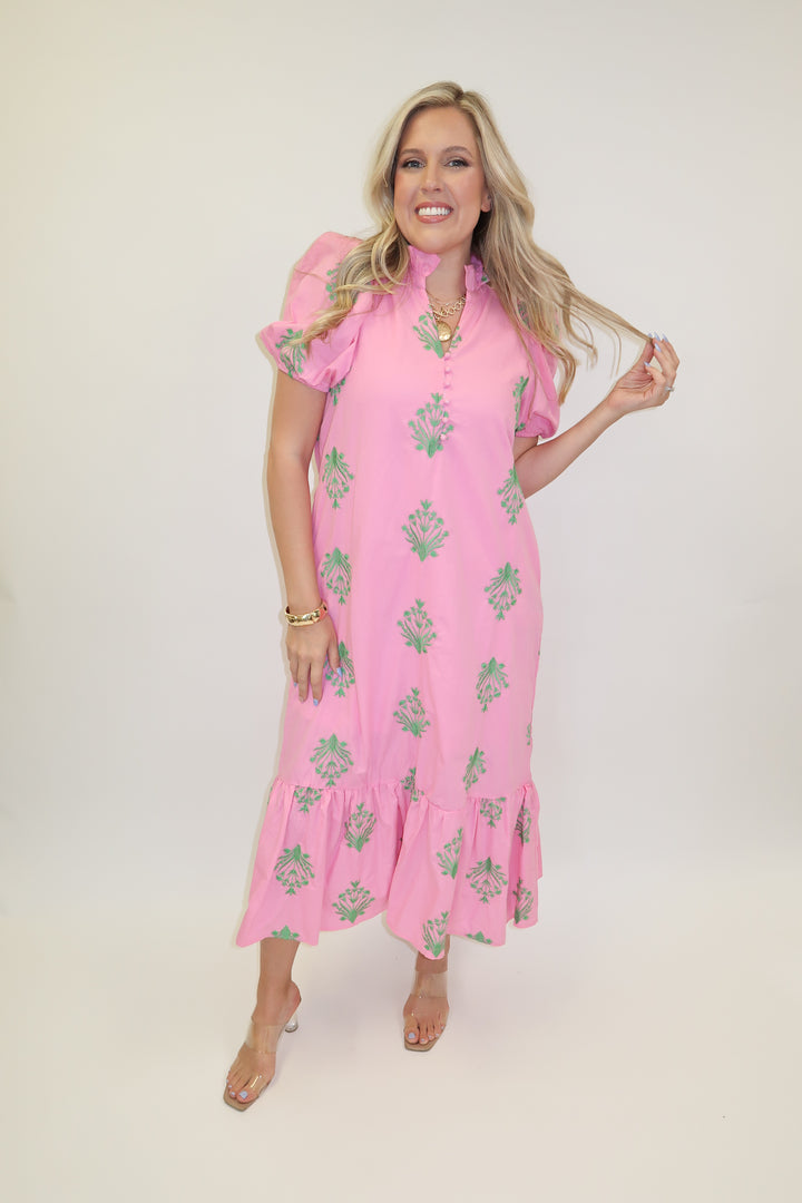Soft Stitch Embroidered Puff Sleeve Midi Dress