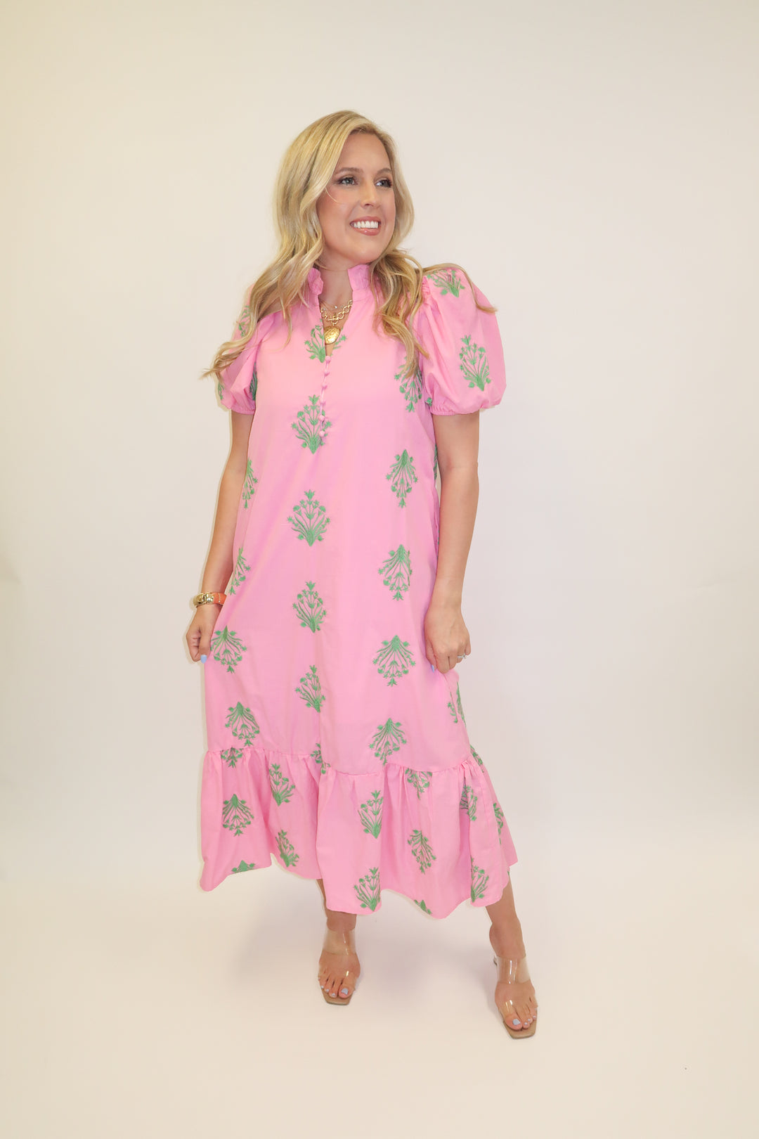 Soft Stitch Embroidered Puff Sleeve Midi Dress