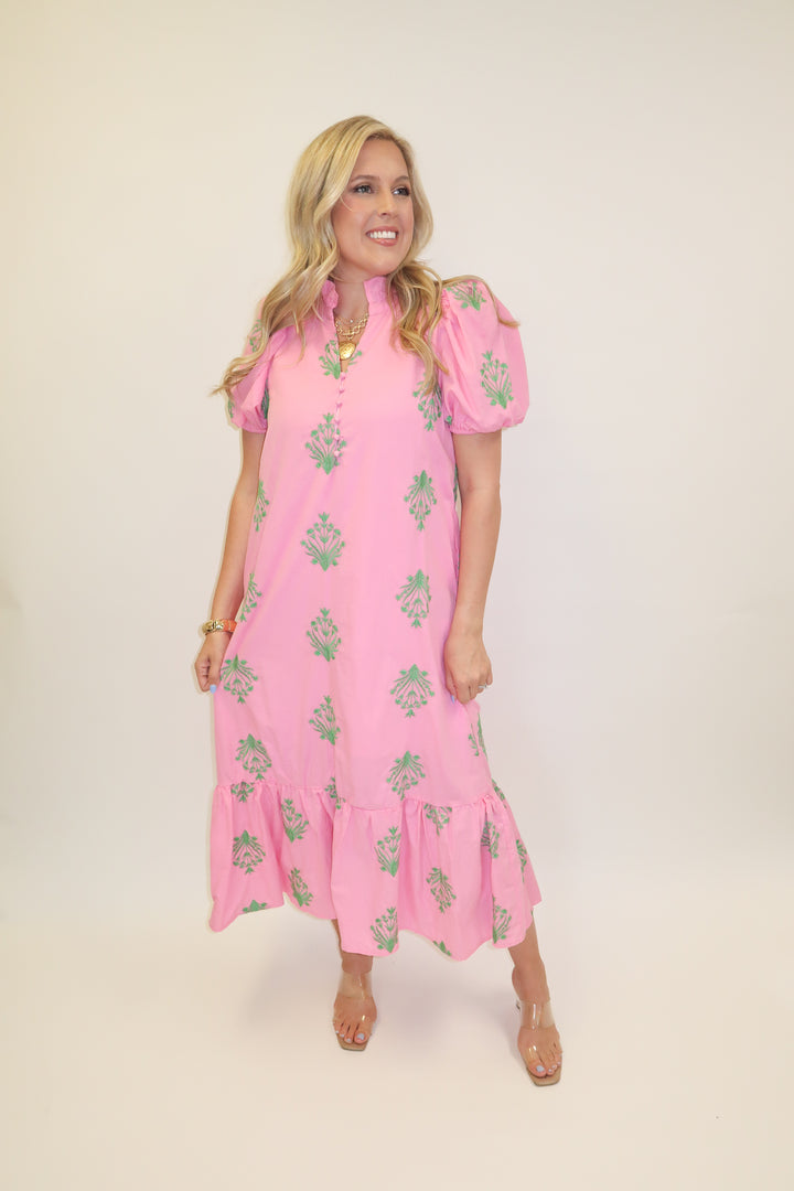 Soft Stitch Embroidered Puff Sleeve Midi Dress