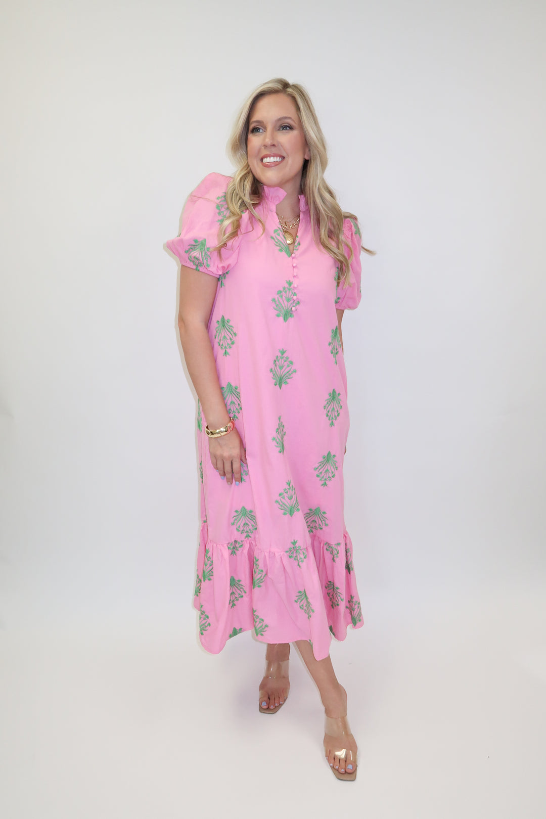 Soft Stitch Embroidered Puff Sleeve Midi Dress