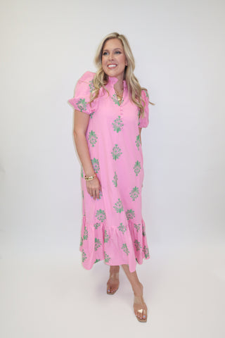 Soft Stitch Embroidered Puff Sleeve Midi Dress - The Pink Tulip Clothing