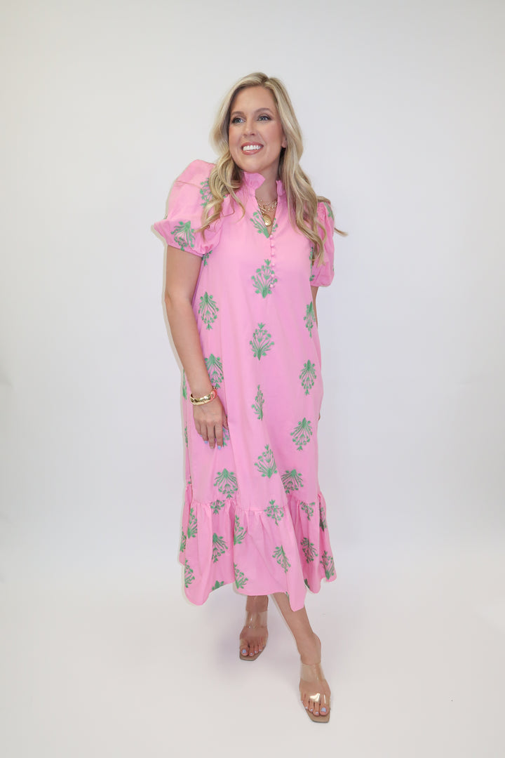 Soft Stitch Embroidered Puff Sleeve Midi Dress