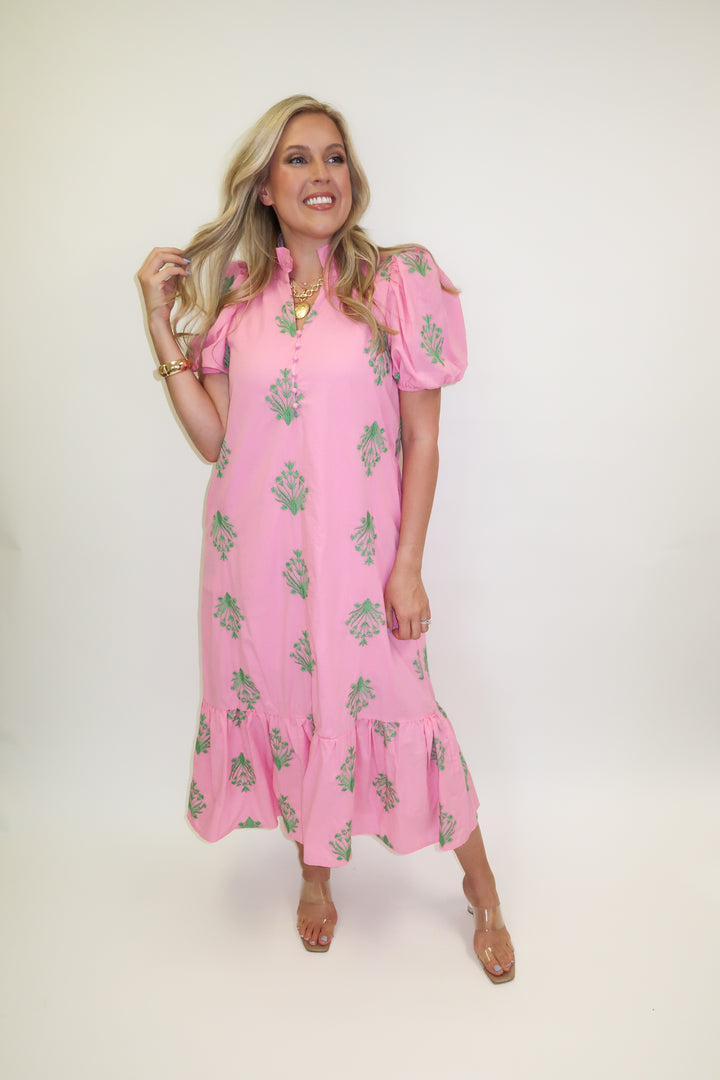 Soft Stitch Embroidered Puff Sleeve Midi Dress