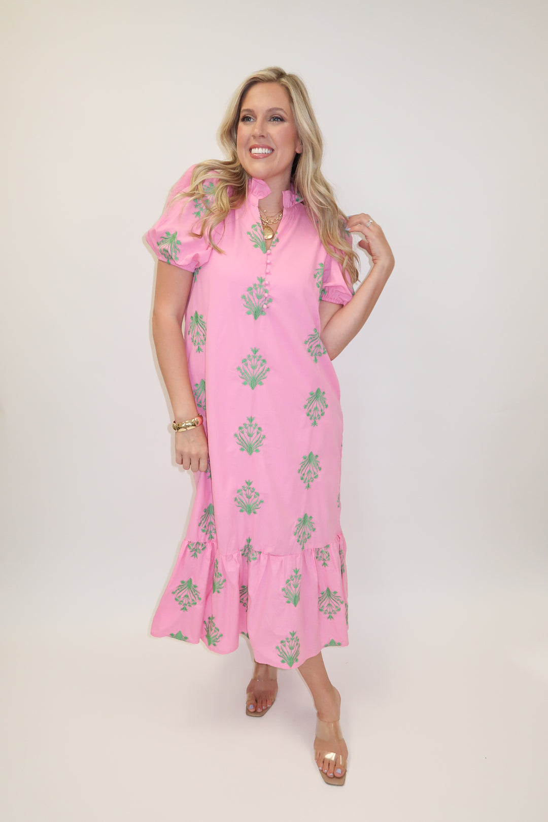 Soft Stitch Embroidered Puff Sleeve Midi Dress