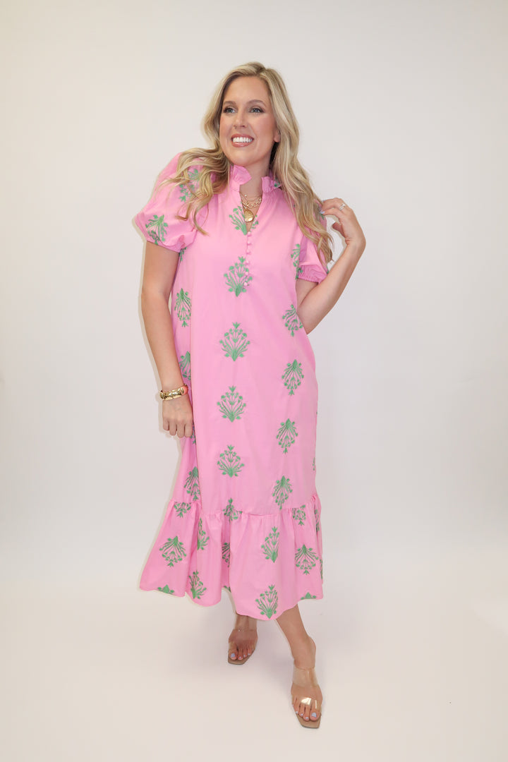 Soft Stitch Embroidered Puff Sleeve Midi Dress