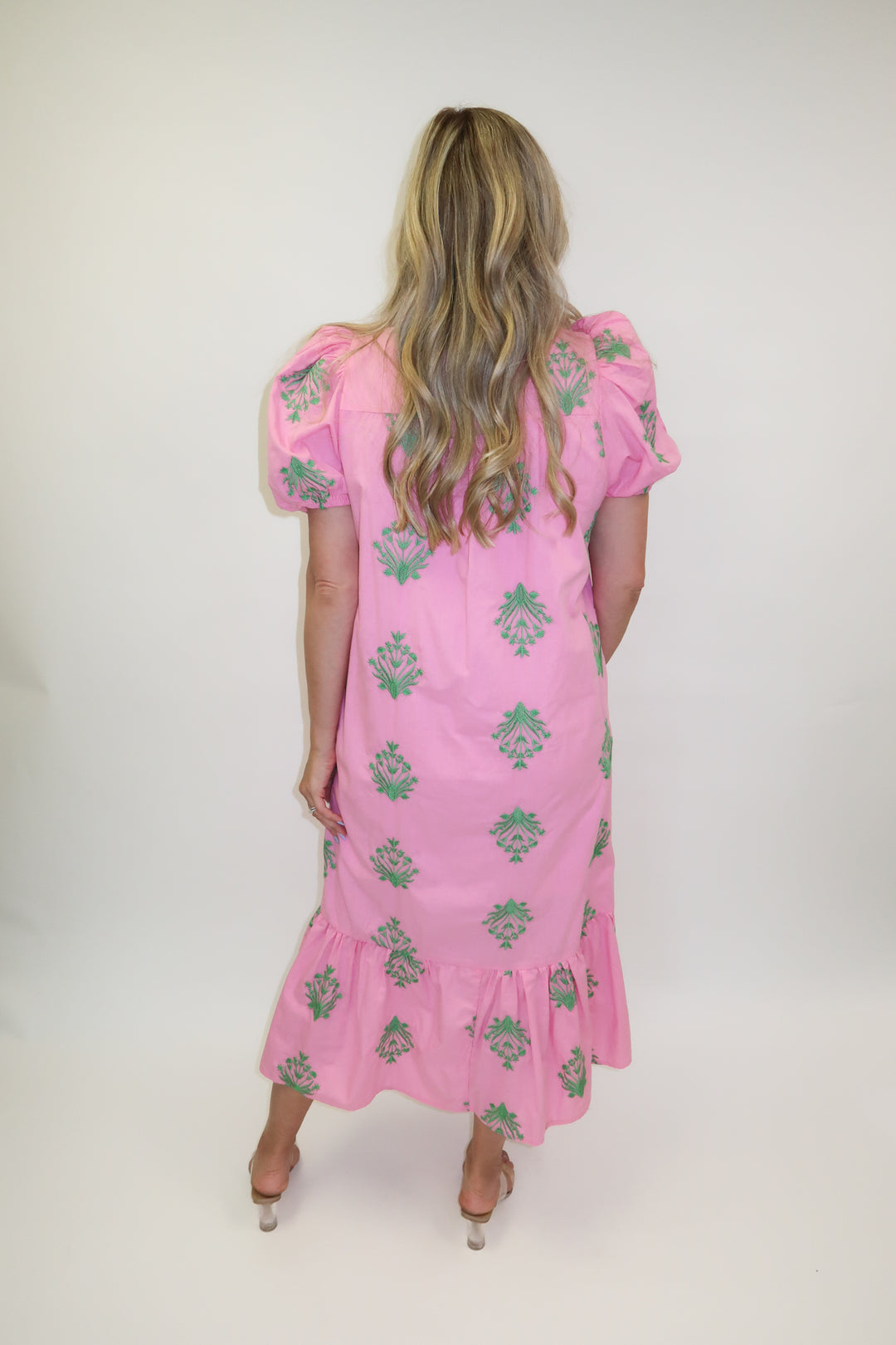 Soft Stitch Embroidered Puff Sleeve Midi Dress
