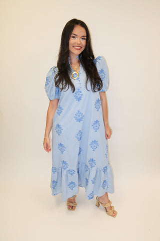 Soft Stitch Embroidered Puff Sleeve Midi Dress - The Pink Tulip Clothing