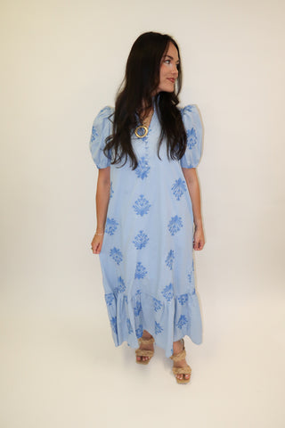 Soft Stitch Embroidered Puff Sleeve Midi Dress - The Pink Tulip Clothing