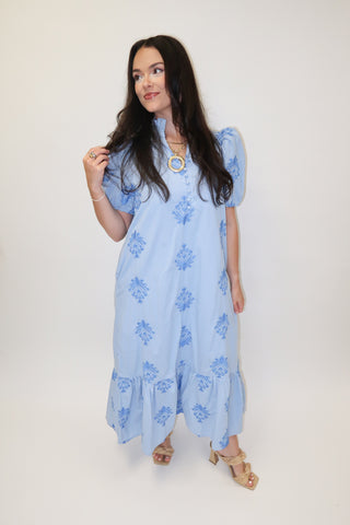 Soft Stitch Embroidered Puff Sleeve Midi Dress - The Pink Tulip Clothing