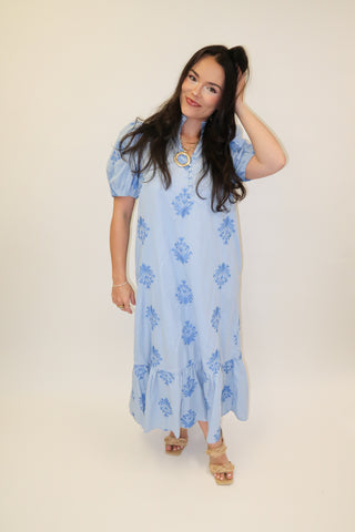 Soft Stitch Embroidered Puff Sleeve Midi Dress - The Pink Tulip Clothing